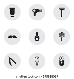 Set Of 9 Editable Coiffeur Icons. Includes Symbols Such As Cutter Apparatus, Vial, Charger And More. Can Be Used For Web, Mobile, UI And Infographic Design.