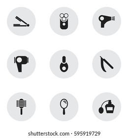 Set Of 9 Editable Coiffeur Icons. Includes Symbols Such As Desiccator, Take The Hair Dryer, Reflector And More. Can Be Used For Web, Mobile, UI And Infographic Design.