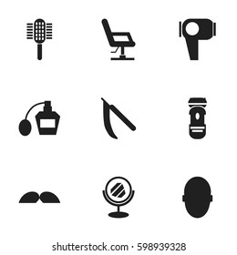 Set Of 9 Editable Coiffeur Icons. Includes Symbols Such As Charger, Blade, Scent And More. Can Be Used For Web, Mobile, UI And Infographic Design.