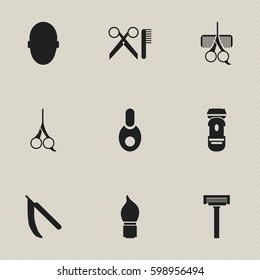 Set Of 9 Editable Coiffeur Icons. Includes Symbols Such As Scrub, Shaver, Cut Tool And More. Can Be Used For Web, Mobile, UI And Infographic Design.