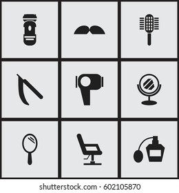 Set Of 9 Editable Coiffeur Icons. Includes Symbols Such As Elbow Chair, Scent, Reflector And More. Can Be Used For Web, Mobile, UI And Infographic Design.