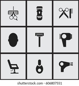 Set Of 9 Editable Coiffeur Icons. Includes Symbols Such As Hairdresser Set, Shaver, Barber Tools And More. Can Be Used For Web, Mobile, UI And Infographic Design.