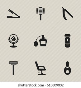 Set Of 9 Editable Coiffeur Icons. Includes Symbols Such As Charger, Scent, Blade And More. Can Be Used For Web, Mobile, UI And Infographic Design.