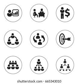 Set Of 9 Editable Community Icons. Includes Symbols Such As Debate, Goal, Hierarchy And More. Can Be Used For Web, Mobile, UI And Infographic Design.