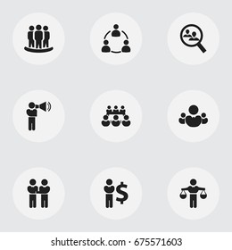 Set Of 9 Editable Community Icons. Includes Symbols Such As Finding Solution, Human Resouces, Commander. Can Be Used For Web, Mobile, UI And Infographic Design.