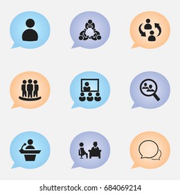 Set Of 9 Editable Community Icons. Includes Symbols Such As Human Resouces, Cooperation, Publicity And More. Can Be Used For Web, Mobile, UI And Infographic Design.