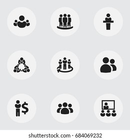 Set Of 9 Editable Community Icons. Includes Symbols Such As Team, Group, Cooperation And More. Can Be Used For Web, Mobile, UI And Infographic Design.