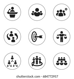 Set Of 9 Editable Community Icons. Includes Symbols Such As Finding Solution, Goal, Hierarchy And More. Can Be Used For Web, Mobile, UI And Infographic Design.