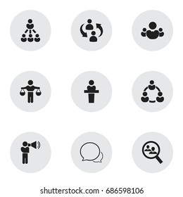 Set Of 9 Editable Community Icons. Includes Symbols Such As Conversation, Finding Solution, Human Resouces And More. Can Be Used For Web, Mobile, UI And Infographic Design.