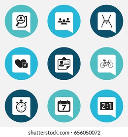 Set Of 9 Editable Complex Icons. Includes Symbols Such As Velocipede, Search, Chronometer And More. Can Be Used For Web, Mobile, UI And Infographic Design.