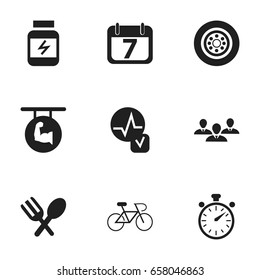 Set Of 9 Editable Complex Icons. Includes Symbols Such As Biceps, Cutlery, Tire And More. Can Be Used For Web, Mobile, UI And Infographic Design.