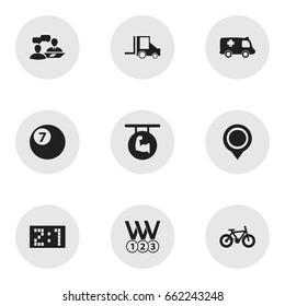 Set Of 9 Editable Complex Icons. Includes Symbols Such As Biceps, Bicycle, Billiard And More. Can Be Used For Web, Mobile, UI And Infographic Design.