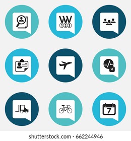 Set Of 9 Editable Complex Icons. Includes Symbols Such As Aircraft, Search, Velocipede And More. Can Be Used For Web, Mobile, UI And Infographic Design.