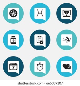 Set Of 9 Editable Complex Icons. Includes Symbols Such As Heart Rhythm, Programmer, Tire And More. Can Be Used For Web, Mobile, UI And Infographic Design.