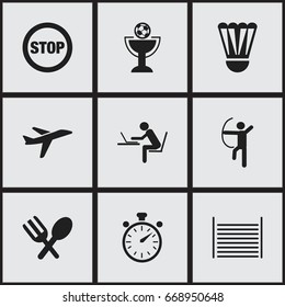 Set Of 9 Editable Complex Icons. Includes Symbols Such As Cutlery, Stop, Chronometer And More. Can Be Used For Web, Mobile, UI And Infographic Design.