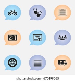 Set Of 9 Editable Complex Icons. Includes Symbols Such As Group, Tire, Bicycle And More. Can Be Used For Web, Mobile, UI And Infographic Design.