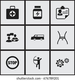 Set Of 9 Editable Complex Icons. Includes Symbols Such As First Aid Box, Bowman, Protein And More. Can Be Used For Web, Mobile, UI And Infographic Design.