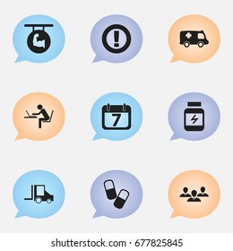 Set Of 9 Editable Complex Icons. Includes Symbols Such As Protein, Camion, Date Block And More. Can Be Used For Web, Mobile, UI And Infographic Design.