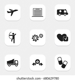 Set Of 9 Editable Complex Icons. Includes Symbols Such As Emergency, Award, Truck And More. Can Be Used For Web, Mobile, UI And Infographic Design.
