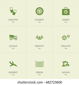 Set Of 9 Editable Complex Icons. Includes Symbols Such As Blank, Plane, First Aid Box And More. Can Be Used For Web, Mobile, UI And Infographic Design.