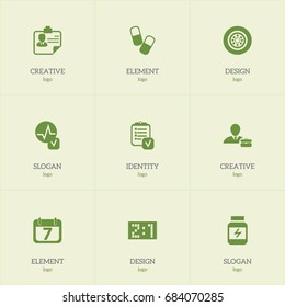 Set Of 9 Editable Complex Icons. Includes Symbols Such As Result, Employee, Protein And More. Can Be Used For Web, Mobile, UI And Infographic Design.