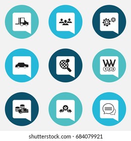 Set Of 9 Editable Complex Icons. Includes Symbols Such As Coins, Group, Messaging And More. Can Be Used For Web, Mobile, UI And Infographic Design.