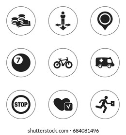 Set Of 9 Editable Complex Icons. Can Be Used For Web, Mobile, UI And Infographic Design.