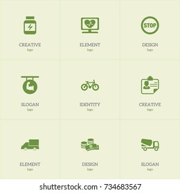 Set Of 9 Editable Complex Icons. Includes Symbols Such As Stop, Biceps, Identification And More. Can Be Used For Web, Mobile, UI And Infographic Design.