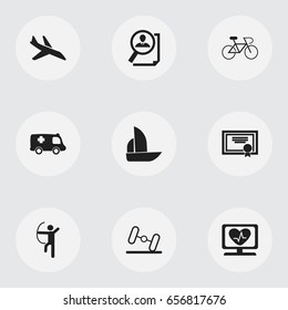 Set Of 9 Editable Complicated Icons. Includes Symbols Such As Yacht, Velocipede, Achievement And More. Can Be Used For Web, Mobile, UI And Infographic Design.