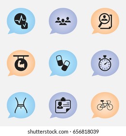 Set Of 9 Editable Complicated Icons. Includes Symbols Such As Velocipede, Biceps, Belly And More. Can Be Used For Web, Mobile, UI And Infographic Design.