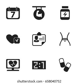 Set Of 9 Editable Complicated Icons. Includes Symbols Such As Biceps, Belly, Date Block And More. Can Be Used For Web, Mobile, UI And Infographic Design.