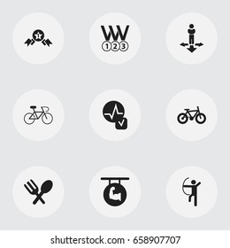 Set Of 9 Editable Complicated Icons. Includes Symbols Such As Biceps, Velocipede, Finding Solution And More. Can Be Used For Web, Mobile, UI And Infographic Design.