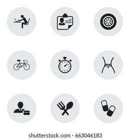 Set Of 9 Editable Complicated Icons. Includes Symbols Such As Chronometer, Belly, Velocipede And More. Can Be Used For Web, Mobile, UI And Infographic Design.