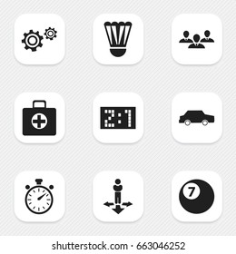 Set Of 9 Editable Complicated Icons. Includes Symbols Such As Cogwheel, Group, Badminton Ball And More. Can Be Used For Web, Mobile, UI And Infographic Design.
