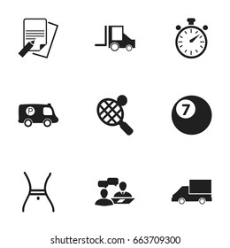 Set Of 9 Editable Complicated Icons. Includes Symbols Such As Camion, Police Vehicle, Chronometer And More. Can Be Used For Web, Mobile, UI And Infographic Design.