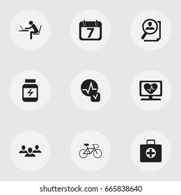 Set Of 9 Editable Complicated Icons. Includes Symbols Such As Heart Rhythm, First Aid Box, Protein And More. Can Be Used For Web, Mobile, UI And Infographic Design.