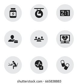 Set Of 9 Editable Complicated Icons. Includes Symbols Such As Group, Employee, Drug And More. Can Be Used For Web, Mobile, UI And Infographic Design.