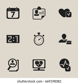 Set Of 9 Editable Complicated Icons. Includes Symbols Such As Date Block, Heart Rhythm, Heartbeat And More. Can Be Used For Web, Mobile, UI And Infographic Design.