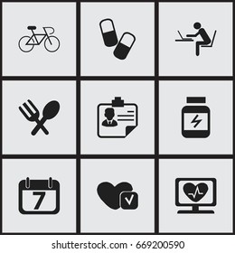 Set Of 9 Editable Complicated Icons. Includes Symbols Such As Cutlery, Programmer, Heart Rhythm And More. Can Be Used For Web, Mobile, UI And Infographic Design.