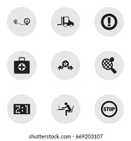 Set Of 9 Editable Complicated Icons. Includes Symbols Such As First Aid Box, Programmer, Result And More. Can Be Used For Web, Mobile, UI And Infographic Design.