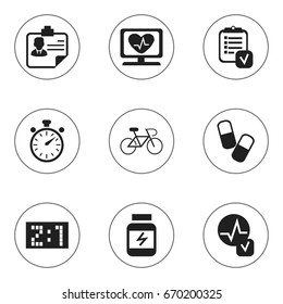 Set Of 9 Editable Complicated Icons. Includes Symbols Such As Chronometer, Heartbeat, Protein And More. Can Be Used For Web, Mobile, UI And Infographic Design.