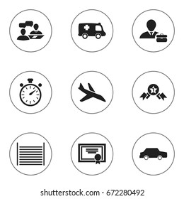 Set Of 9 Editable Complicated Icons. Includes Symbols Such As Car, Plane, Achievement And More. Can Be Used For Web, Mobile, UI And Infographic Design.
