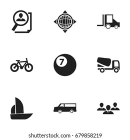 Set Of 9 Editable Complicated Icons. Includes Symbols Such As Group, Lorry, Auto And More. Can Be Used For Web, Mobile, UI And Infographic Design.