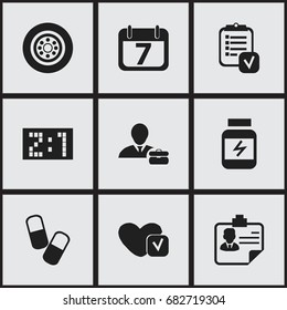 Set Of 9 Editable Complicated Icons. Includes Symbols Such As Questionnaire, Date Block, Result And More. Can Be Used For Web, Mobile, UI And Infographic Design.