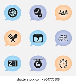 Set Of 9 Editable Complicated Icons. Includes Symbols Such As Heartbeat, Date Block, Cutlery And More. Can Be Used For Web, Mobile, UI And Infographic Design.