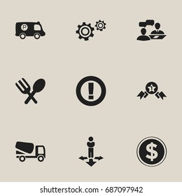 Set Of 9 Editable Complicated Icons. Includes Symbols Such As Caution, Finding Solution, Cutlery And More. Can Be Used For Web, Mobile, UI And Infographic Design.