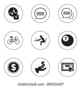 Set Of 9 Editable Complicated Icons. Includes Symbols Such As Heartbeat, Dollar, Programmer And More. Can Be Used For Web, Mobile, UI And Infographic Design.