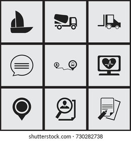 Set Of 9 Editable Complicated Icons. Includes Symbols Such As Search, Heart Rhythm, Yacht And More. Can Be Used For Web, Mobile, UI And Infographic Design.