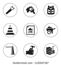 Set of 9 editable construction icons. Includes symbols such as saw, home scheduling, hammer in hand. Can be used for web, mobile, UI and infographic design.