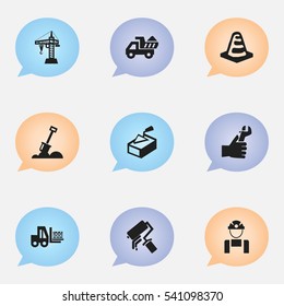 Set Of 9 Editable Construction Icons. Includes Symbols Such As Truck, Elevator, Oar And More. Can Be Used For Web, Mobile, UI And Infographic Design.